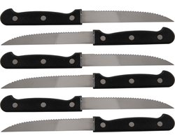 Excellent Houseware scherpe Steakmessen - 6x stuks - RVS - 21,5 cm - bestek - zwart/zilver