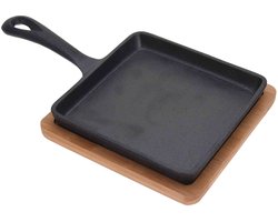 Excellent Houseware Serveerpannetje met plank - gietijzer - bamboe hout - 14 cm
