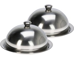Excellent Houseware serveerschaal stolp met dienblad - 2x - zilver - rvs - D25 x H12 cm - voedsel serveren - met deksel