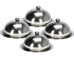 Excellent Houseware serveerschaal stolp met dienblad - 4x - zilver - rvs - D25 x H12 cm - voedsel serveren - met deksel