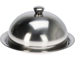 Excellent Houseware serveerschaal stolp met dienblad - zilver - rvs - D25 x H12 cm - voedsel serveren - met deksel