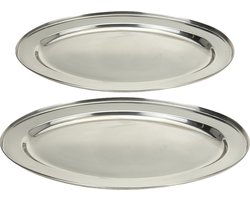 Excellent Houseware serveerschalen set - 2x stuks - ovaal - zilver - rvs - 35 x 21 cm/40 x 26 cm - voedsel serveren