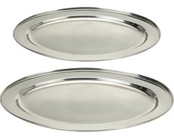 Excellent Houseware serveerschalen set - 2x stuks - ovaal - zilver - rvs - 40 x 26 cm/45 x 29 cm - voedsel serveren