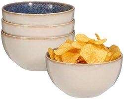 Excellent Houseware Snackschaaltjes Kenji - set van 4x - blauw - 14 x 7 cm - keramiek -chips / nootjes - 580 ml