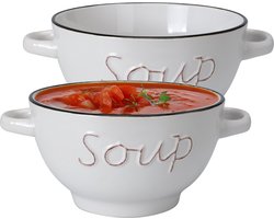Excellent Houseware soepkom gres - 2x - wit - porselein - D14 cm - serveer/snackschaaltje