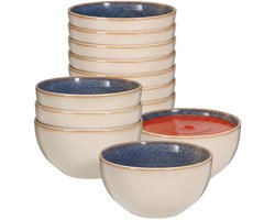 Excellent Houseware Soepkom Kenji - set van 12x - blauw - 14 x 7 cm - keramiek - schaaltjes - 580 ml