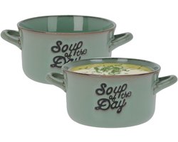 Excellent Houseware Soepkommen/serveer schaaltjes - 2x - porselein - 500ml - groen - met oor