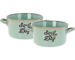 Excellent Houseware Soepkommen/serveer schaaltjes - 2x - porselein - 500ml - lichtgroen - met oor