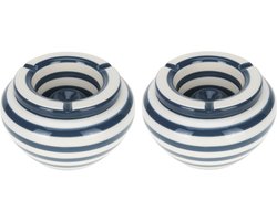 Excellent Houseware Stormasbak gestreept - 2x - Blauw/wit - Dia 14 cm - keramiek