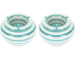 Excellent Houseware Stormasbak gestreept - 2x - Lichtblauw/wit - Dia 14 cm - keramiek