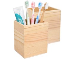 Excellent Houseware Tandenborstel houder - 2x - hout - 8 x 8 x 10 cm - vierkant - badkamer organizer