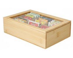 Excellent Houseware Theedoos - 6-vaks - bamboe - 24 x 16 x 7 cm - theekist - kunststof kijkvenster