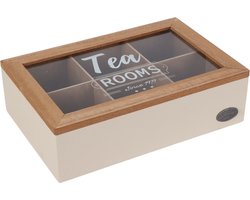 Excellent Houseware Theedoos - 6-vaks - beige/bruin - hout - 24 x 16 x 7 cm - theekist voor thuis - glazen deksel