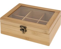 Excellent Houseware Theedoos - 6 vaks - naturel - bamboe hout - 21 x 16 x 7 cm - theekist