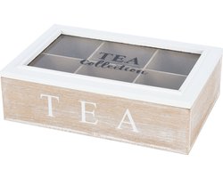 Excellent Houseware Theedoos - 6-vaks - naturel/wit - hout - 24 x 16 x 7 cm - theekist voor thuis - glazen deksel