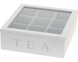 Excellent Houseware Theedoos - 9-vaks - hout - 23 x 23 cm - wit