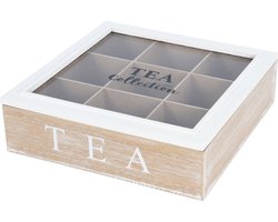 Excellent Houseware Theedoos - 9-vaks - naturel/wit - hout - 24 x 24 x 7 cm - theekist voor thuis - glazen deksel