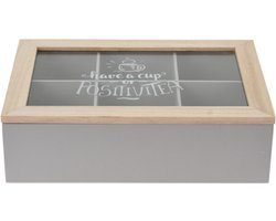 Excellent Houseware Theedoos - grijs/bruin - 6 vakken - 24 x 16 x 7 cm - hout - theekist - theedozen