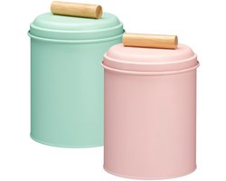 Excellent Houseware Voorraadpotten set - 2x - koekjes bewaarblik - 14 x 20 cm - metaal - roze / groen