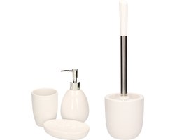Excellent Houseware - WC-/toiletborstel houder en 3-delige badkamer set wit dolomiet/rvs