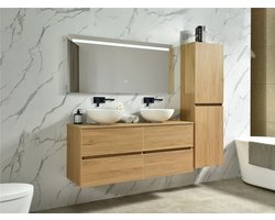Excellent Wellness Badkamermeubel Type: B, 130 cm, kleur Naturel Eiken, inclusief 2x keramiek Waskom, LED-Spiegel en Kolomkast
