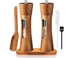 EXCITAT Grinders - Houten set - Handmatige pepermolen - Keramische molen - Kruidenmolen - Zoutmolen - met onderzetter - Verstelbaar - voor specerijen, peper, zout - Set van 2 - 20 cm