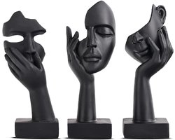 EXCITAT Zwarte woondecoratie - Set van 3 - Sleutelkunst vrouwelijk gezichtbeeld - verzamelobject - Woonkamerdecoratie - Geschikt voor moderne woonkamer, slaapkamers, boekenplank, bureaudecoratie