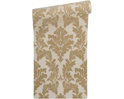 Exclusief velours barok vliesbehang met gevlokte, fluweelachtige toplaagbeife / goud / zandkleur