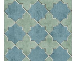 EXCLUSIEVE TEGEL BEHANG - Beige Blauw Groen Creme - AS Creation New Walls "Livingwalls"