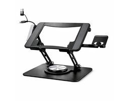 Excluzivo Ergonomische Laptopstandaard met USB-Hub en Telefoonhouder – Verstelbaar en 360° Draaibaar – Geschikt voor Laptops 10 tot 17,3 Inch – Zwart