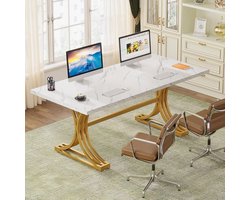 Executive Bureau 160 cm Wit/Goud – Luxe Rechthoekig Computertafel met Kunstmarmeren Blad, Stijlvolle Metalen Poten en In hoogte Verstelbare Voetkussens – ABKantoor