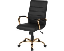 Executive Bureaustoel Met Hoge Rug - Zwart LeatherSoft Leer - Draaistoel Met Gouden Frame En Metalen Armleuningen - Luxe Kantoorstoel Set Van 1