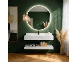 EXELVIA LUMORA Badkamermeubel Set 80 cm – Met LED Spiegel 80 cm – Dimbaar 3 Lichtstanden – Anti-Condens – Wandmontage – Met Onderplank – Wit Marmerlook – Exclusief Kraan en Sifon en wastafelplug