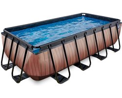 EXIT Wood Frame Zwembad Rechthoekig met Pomp en Trap 400x200x100cm - Opzetzwembad - Ruimte voor 5 Personen - Bruin