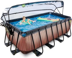 EXIT Wood zwembad 400x200x122cm met zandfilterpomp en overkapping en warmtepomp - bruin