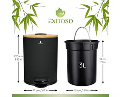 Exitoso kleine badkamer prullenbak zwart - cosmetica-emmer 3L bamboe antislip - pedaal prullenbak badkamer van roestvrij staal met soft close deksel - badkamer prullenbak cosmetica-emmer zwart badkamer prullenbak badkamer