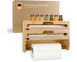 EXITOSO NIEUW 3-in-1 Foliesnijder van Bamboe - Muurrollenhouder Keuken Vershoudfolie Dispenser - Houten Keukenrollenhouder voor aan de Muur - Hangende Keukenrollenhouder - Papierrollenhouder - Keukenrolhouder