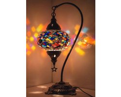 Exotische Turkse Mozaïek Tafellamp - Bohemian Zwanenhals Bedlampje met Grote Globe - Handgemaakt Multicolor