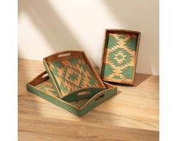 ExpoBazaar Groene Gekerfde Houten Dienbladenset 3-delig | Nestelbare Decoratieve Serveerbladen voor Salontafel & Poef | Handgemaakt