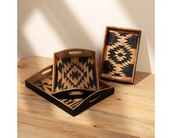 ExpoBazaar Matterhorn 3-Delige Handgemaakte Houten Dienbladen – Zwart Gesneden Bergdesign Nesting Serveerset