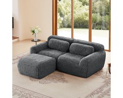 Extra breed 204 cm - 2-zits L-bank - Modulair – Pluche Stof – 32D HR-Schuim – Uitstekende Ondersteuning – Comfortabel en Duurzaam – Stabiel en Antislip - Inclusief 2 Rugkussens En 1 Verplaatsbare Poef - Voor 2 Personen - Grijs