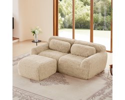 Extra breed 204 cm - 2-zits L-bank - Modulair – Pluche Stof – 32D HR-Schuim – Uitstekende Ondersteuning – Comfortabel en Duurzaam – Stabiel en Antislip - Inclusief 2 Rugkussens En 1 Verplaatsbare Poef - Voor 2 Personen - Khaki