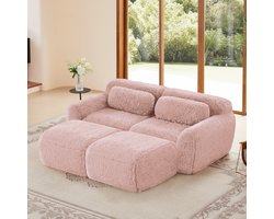 Extra breed 204 cm - 2-zits U-bank - Modulair – Pluche Stof – 32D HR-Schuim – Uitstekende Ondersteuning – Comfortabel en Duurzaam – Stabiel en Antislip - Inclusief 2 Rugkussens En 2 Verplaatsbare Poefs - Voor 2 Personen - Roze