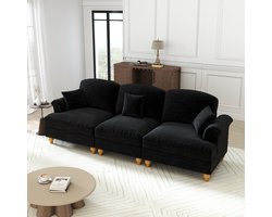 Extra breed 232 cm - 3-zits Rechte Bank - Modulair – Chenille – Afneembare Volant – Hoogwaardige Houten Poten – Hoge Dichtheid Schuim - Uitstekende Ondersteuning - Met Armleuningen en 3 Kussens – Voor 3 Personen - Zwart