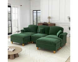 Extra breed 232 cm - 3-zits U-bank - Modulair – Chenille – Afneembare Volant – Hoogwaardige Houten Poten – Hoge Dichtheid Schuim - Uitstekende Ondersteuning - Met Armleuningen en 3 Kussens – Voor 3 Personen - Groen