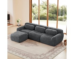 Extra breed 291 cm - 3-zits L-bank - Modulair – Pluche Stof – 32D HR-Schuim – Uitstekende Ondersteuning – Comfortabel en Duurzaam – Stabiel en Antislip - Inclusief 3 Rugkussens En 1 Verplaatsbare Poef - Voor 3 Personen - Grijs