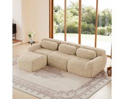 Extra breed 291 cm - 3-zits L-bank - Modulair – Pluche Stof – 32D HR-Schuim – Uitstekende Ondersteuning – Comfortabel en Duurzaam – Stabiel en Antislip - Inclusief 3 Rugkussens En 1 Verplaatsbare Poef - Voor 3 Personen - Khaki