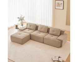 Extra breed 293 cm - 3-zits L-bank- Modulair – Ribfluweel / Corduroy Stof – 32D HR-Schuim – Uitstekende Ondersteuning – Inclusief Kussens, Armleuningen en 1 Verplaatsbare Voetenbank - Geschikt Voor Diverse Woonruimtes - Beige
