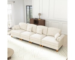 Extra breed 310 cm - 4-zits Rechte Bank - Modulair – Chenille – Afneembare Volant – Hoogwaardige Houten Poten – Hoge Dichtheid Schuim - Uitstekende Ondersteuning - Met Armleuningen en 4 Kussens – Voor 4 Personen - Wit