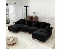 Extra breed 310 cm - 4-zits U-bank - Modulair – Chenille – Afneembare Volant – Hoogwaardige Houten Poten – Hoge Dichtheid Schuim - Uitstekende Ondersteuning - Met Armleuningen en 4 Kussens – Voor 4 Personen - Zwart